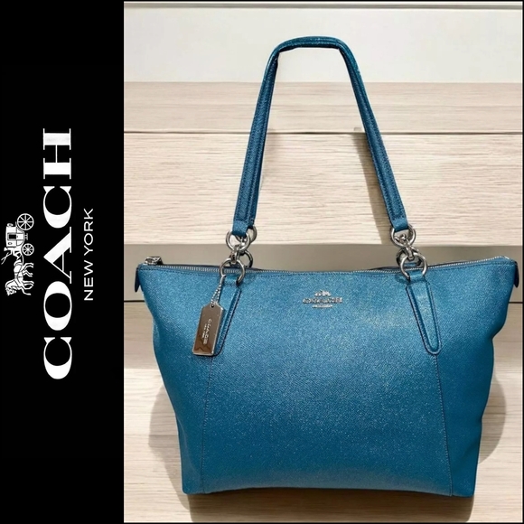 Coach Handbags - *SOLD* Coach Ava Teal Metallic Glitter Leather Bag Tote Peacock Aqua